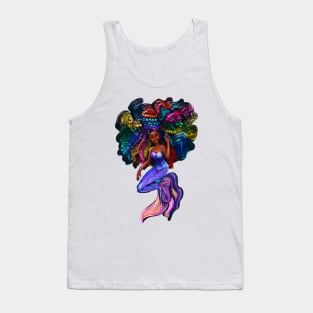 African American mermaid with flowing rainbow braids 2, brown eyes curly Afro hair and caramel brown skin Tank Top